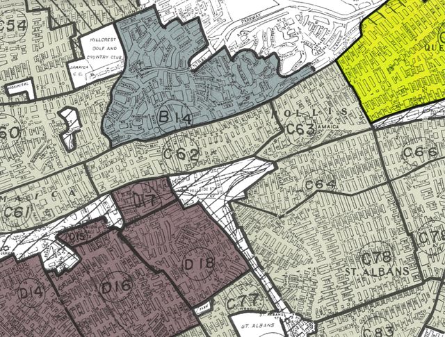 Zoomed in map of southeast Queens shows how federal appraisers redlined the area.